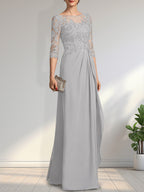 A-Linien-Kleid mit U-Boot-Ausschnitt, Illusion-Effekt, bodenlang, aus Chiffon und Spitze, mit Perlen, Pailletten und kaskadenartigen Rüschen – perfekt für die Mutter der Braut.