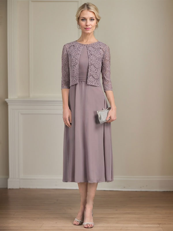 Vestido de gasa para madre de la novia, corte A, escote redondo, largo hasta la rodilla, con pliegues