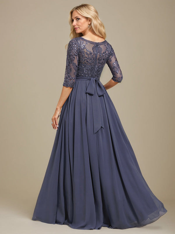 A-Linien-Kleid aus Chiffon mit Paillettenapplikationen und Rundhalsausschnitt, bodenlang, für die Mutter der Braut 