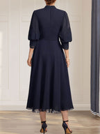 A-Linien-Kleid aus Chiffon mit hohem Kragen, Teelänge und Spitze für die Mutter der Braut, verziert mit einer Schleife