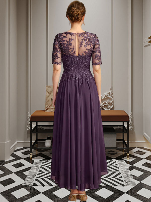 A-Linien-Kleid mit asymmetrischem Chiffon-Spitzenausschnitt und Pailletten für die Mutter der Braut 