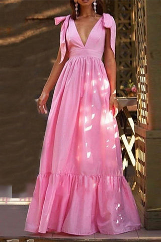 Vestido largo Meridress con escote en V profundo, lazo en los hombros y cintura alta