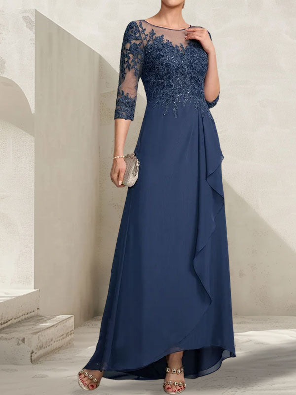 A-Linien-Kleid mit asymmetrischem, transparentem Chiffon-Spitzenausschnitt, Pailletten und Kaskadenrüschen für die Mutter der Braut