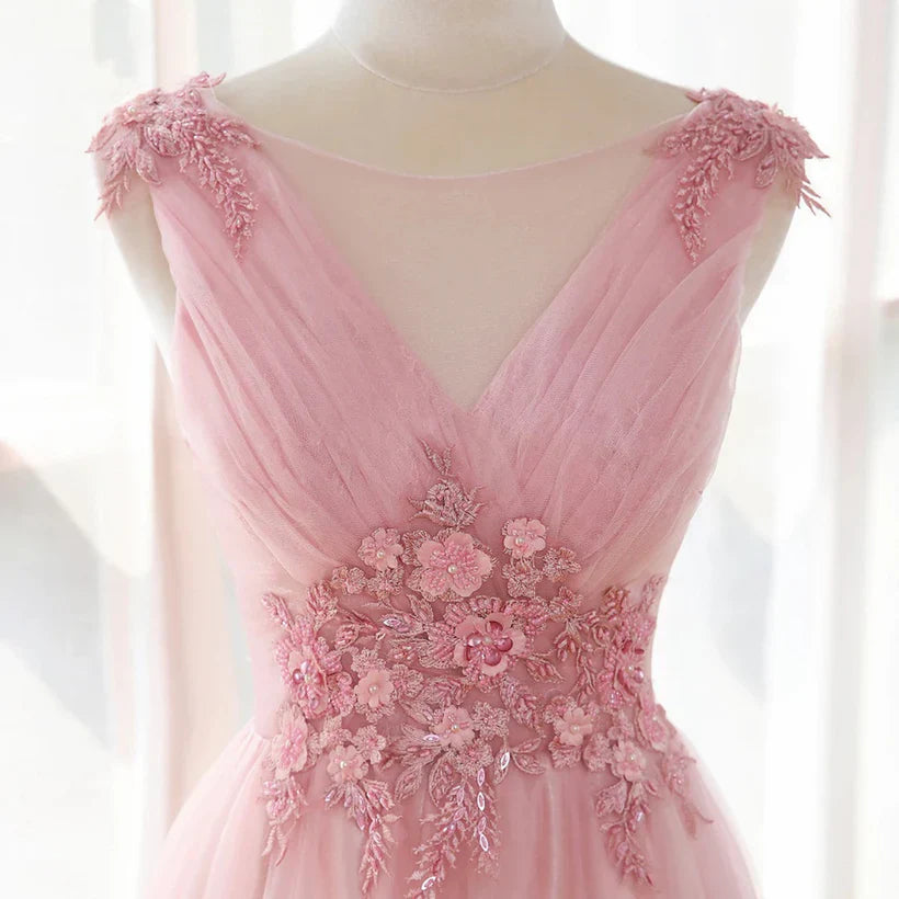 A-Linien-Prinzessinnenkleid aus rosa Tüll mit V-Ausschnitt und Spitze, langes Partykleid/Abendkleid