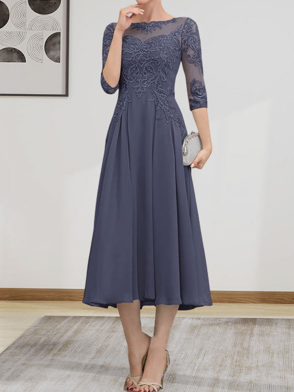 A-Linien-Kleid mit U-Boot-Ausschnitt, Illusion-Detail, Teelänge, Chiffonspitze, Perlenstickerei und Pailletten für die Mutter der Braut