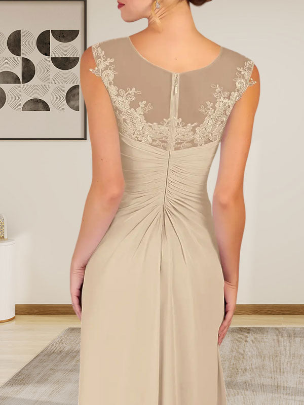 Champagnerfarbenes A-Linien-Chiffonkleid mit Rundhalsausschnitt und Spitze