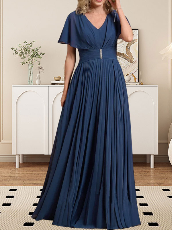 A-Linien-Chiffonkleid mit V-Ausschnitt, bodenlang, für die Mutter der Braut, mit Kristallbrosche und Falten 
