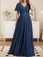 A-Linien-Chiffonkleid mit V-Ausschnitt, bodenlang, für die Mutter der Braut, mit Kristallbrosche und Falten 