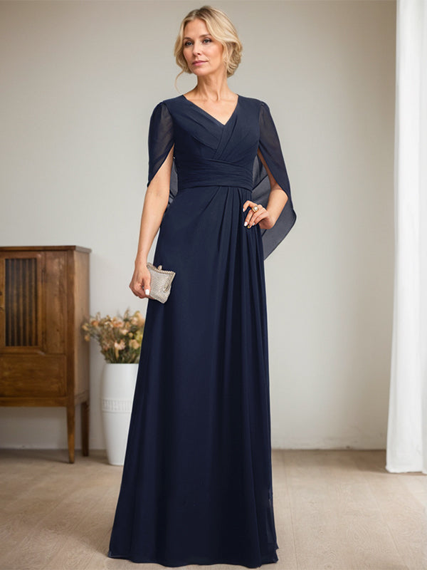Vestido largo para madre de la novia con escote en V y corte A en azul marino oscuro