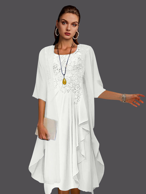 Zweiteiliges, ärmelloses A-Linien-Kleid aus Chiffonspitze mit Faltenapplikationen 