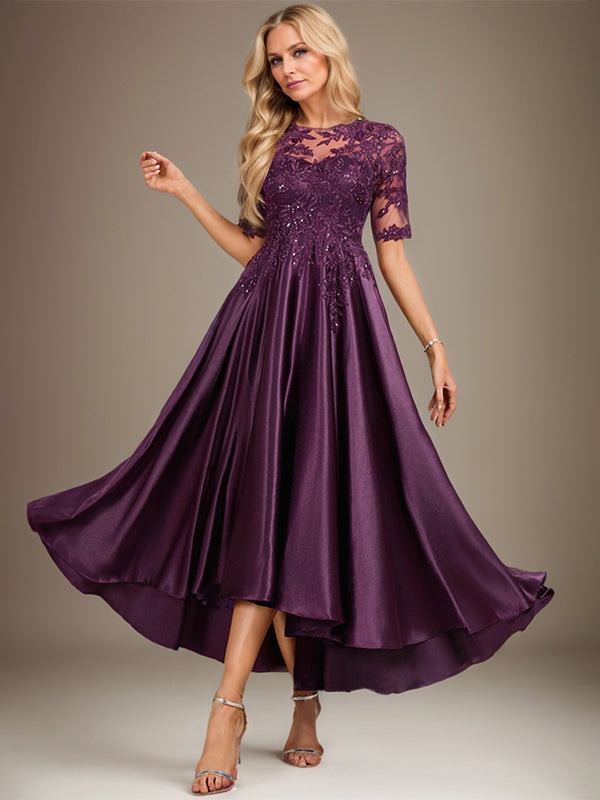 A-Linien-Kleid mit asymmetrischem, transparentem Ausschnitt, Stretch-Satinspitze und Pailletten für die Mutter der Braut 