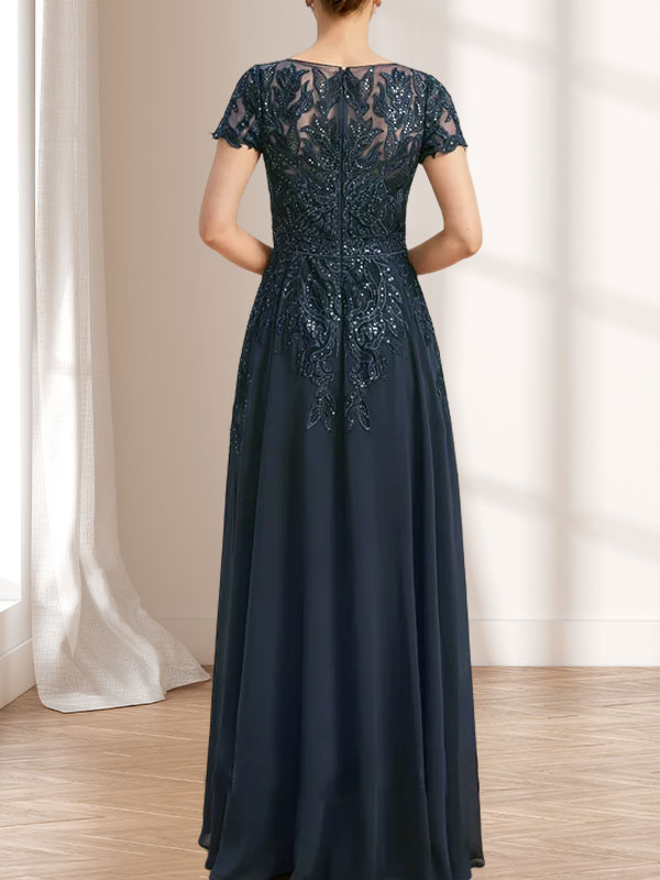 Etuikleid/Säulenkleid mit Illusion-Ausschnitt, bodenlang, aus Chiffon und Spitze mit Pailletten für die Mutter der Braut