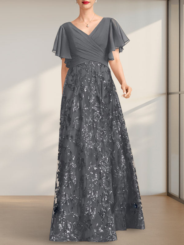 Vestido de madre de la novia de gasa con lentejuelas, encaje, escote en V y largo hasta el suelo, con pliegues