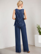 Zweiteiliger Jumpsuit/Hosenanzug, bodenlanges Chiffon-Kleid mit Spitze und Pailletten für die Mutter der Braut