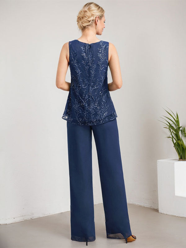 Vestido de madre de la novia de gasa con encaje y lentejuelas, con escote redondo y largo hasta el suelo, con mono/pantalón separado