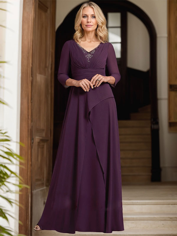 A-Linien-Kleid aus Chiffon mit V-Ausschnitt, bodenlang, für die Mutter der Braut, mit plissierter Perlenstickerei