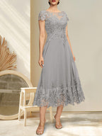 A-Linien-Kleid mit Illusion-Ausschnitt, Rundhalsausschnitt, Teelänge, Spitze und Chiffon, mit Pailletten, für die Mutter der Braut