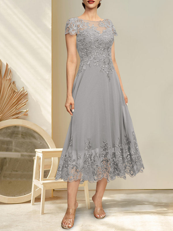 A-Linien-Kleid mit Illusion-Ausschnitt, Rundhalsausschnitt, Teelänge, Spitze und Chiffon, mit Pailletten, für die Mutter der Braut