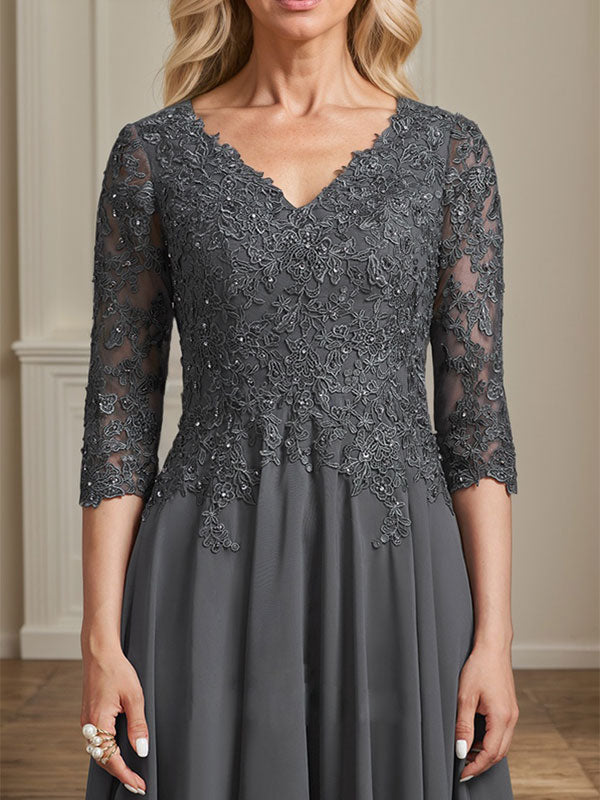 A-Linien-Kleid aus Chiffonspitze mit V-Ausschnitt, Teelänge, Perlen- und Paillettenstickerei für die Mutter der Braut 