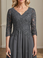 A-Linien-Kleid aus Chiffonspitze mit V-Ausschnitt, Teelänge, Perlen- und Paillettenstickerei für die Mutter der Braut 