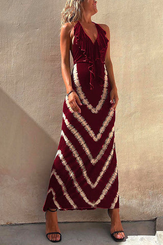 Vestido largo Meridress con cuello halter en V, volantes y drapeado frontal estampado