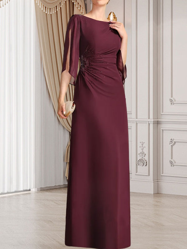 Etui-/Säulen-Chiffonkleid in Bodenlänge für die Mutter der Braut mit plissierter Perlenstickerei