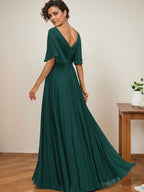 A-Linien-Kleid aus Chiffon mit V-Ausschnitt, bodenlang, mit Paillettenapplikationen, Spitze und Falten für die Mutter der Braut 