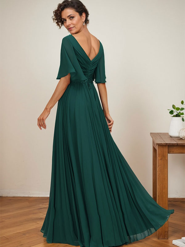 A-Linien-Kleid aus Chiffon mit V-Ausschnitt, bodenlang, mit Paillettenapplikationen, Spitze und Falten für die Mutter der Braut 