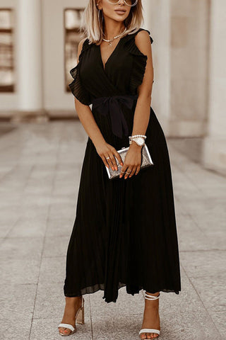 Meridress Wrap V Neck Ruffle Sleeve Tie Waist Pleated Maxi Dress