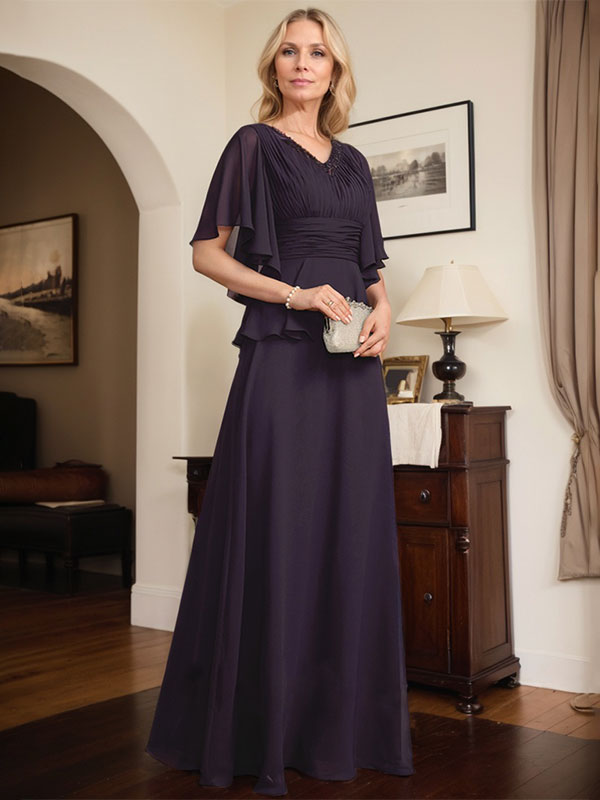 Vestido de gasa para madre de la novia, corte A, escote en V, largo hasta el suelo, con cuentas plisadas