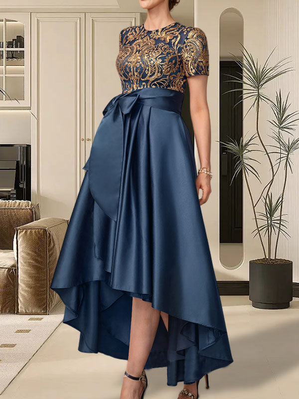 A-Linien-Kleid mit asymmetrischem Ausschnitt, Pailletten und Spitze aus Satin und Spitze für die Mutter der Braut, mit Schleife
