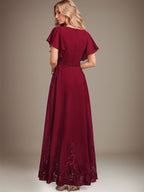 A-Linien-Kleid mit Rundhalsausschnitt, knöchellang, aus Spitze und Chiffon, mit Pailletten besetzt