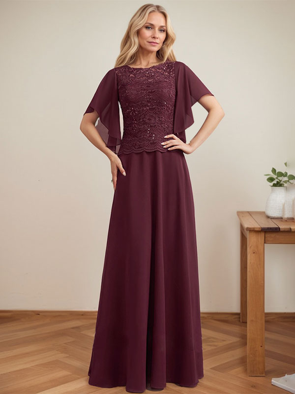 A-Linien-Kleid mit Rundhalsausschnitt, Illusion-Effekt, bodenlang, aus Chiffon und Spitze mit Pailletten – das perfekte Brautmutterkleid 