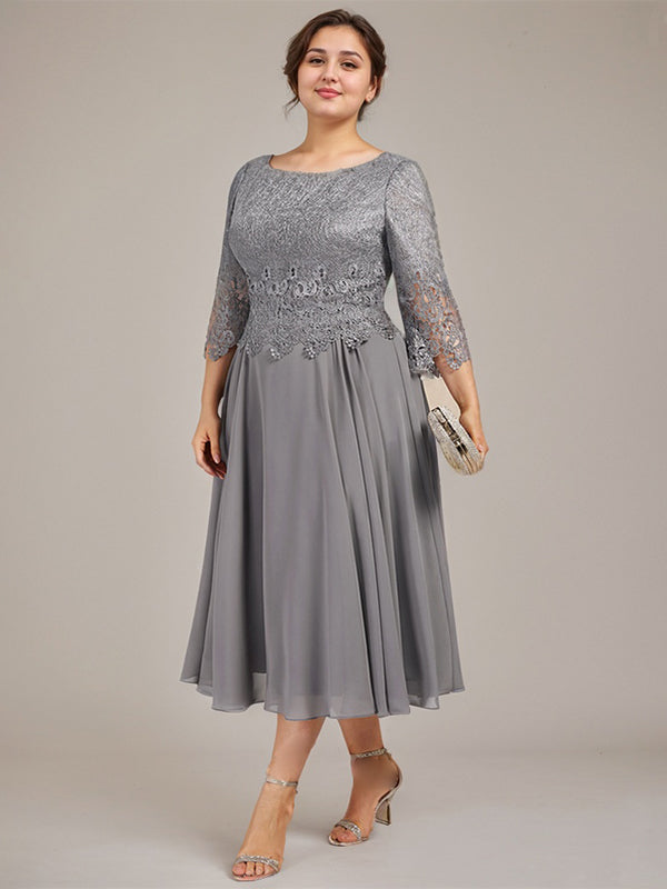 Vestido de gasa con encaje y escote redondo hasta la rodilla para madre de la novia 