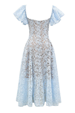 Meridress V Neck Flare Sleeves Floral Lace Midi Dress