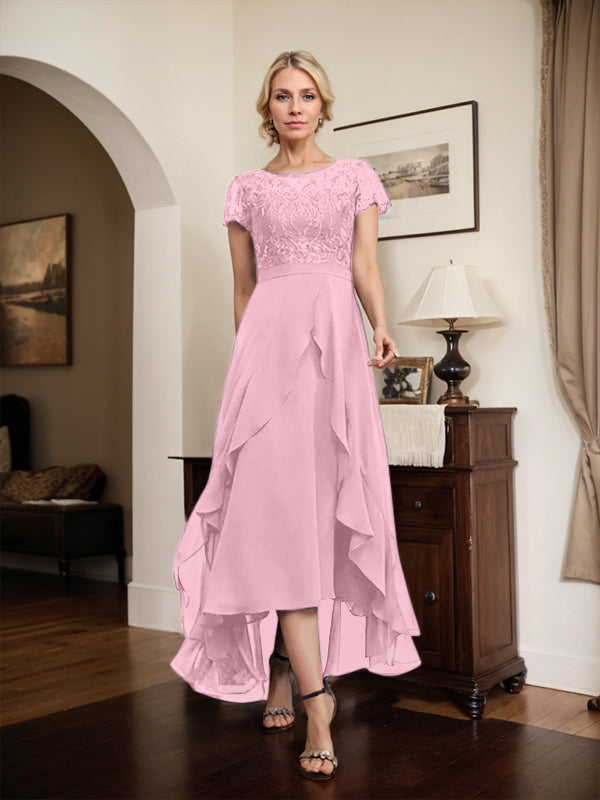 A-Linien-Kleid mit asymmetrischem Chiffon-Spitzenausschnitt, Schleife, Rüschen und Pailletten für die Mutter der Braut 