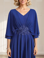 A-Linien-Kleid aus Chiffon mit V-Ausschnitt, Teelänge, plissierten Paillettenapplikationen und Perlenstickerei für die Mutter der Braut 
