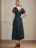 A-Linien-Kleid aus Chiffon mit V-Ausschnitt und Teelänge für die Mutter der Braut 