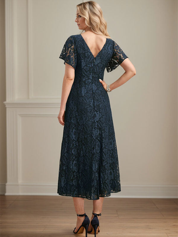 A-Linien-Kleid aus Chiffon mit V-Ausschnitt und Teelänge für die Mutter der Braut 