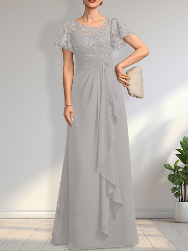 A-Linien-Kleid aus asymmetrischem Chiffon mit Illusion-Effekt, bodenlang, mit Kaskadenrüschen und Pailletten für die Mutter der Braut 