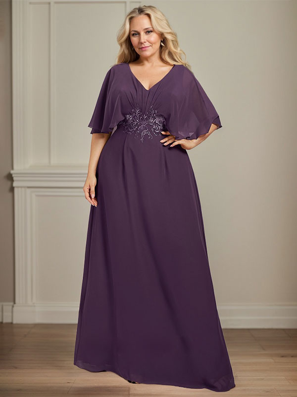 A-Linien-Kleid aus Chiffon mit V-Ausschnitt, bodenlang, für die Mutter der Braut, mit plissierten Paillettenapplikationen und Spitze