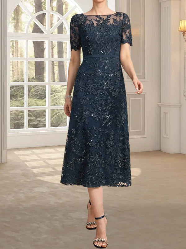 A-Linien-Kleid mit Rundhalsausschnitt, Illusion-Ausschnitt, Teelänge, Spitze und Pailletten für die Mutter der Braut
