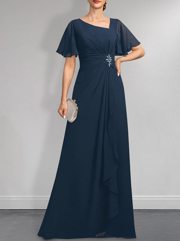 A-Linien-Kleid aus Chiffon in Bodenlänge mit asymmetrischem Schnitt, plissiert und mit Pailletten und Perlenstickerei
