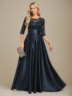 A-Linien-Kleid mit Illusion-Ausschnitt, bodenlang, aus Stretch-Satin und Spitze, verziert mit Schleife und Pailletten, für die Mutter der Braut 