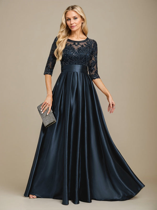 A-Linien-Kleid mit Illusion-Ausschnitt, bodenlang, aus Stretch-Satin und Spitze, verziert mit Schleife und Pailletten, für die Mutter der Braut 