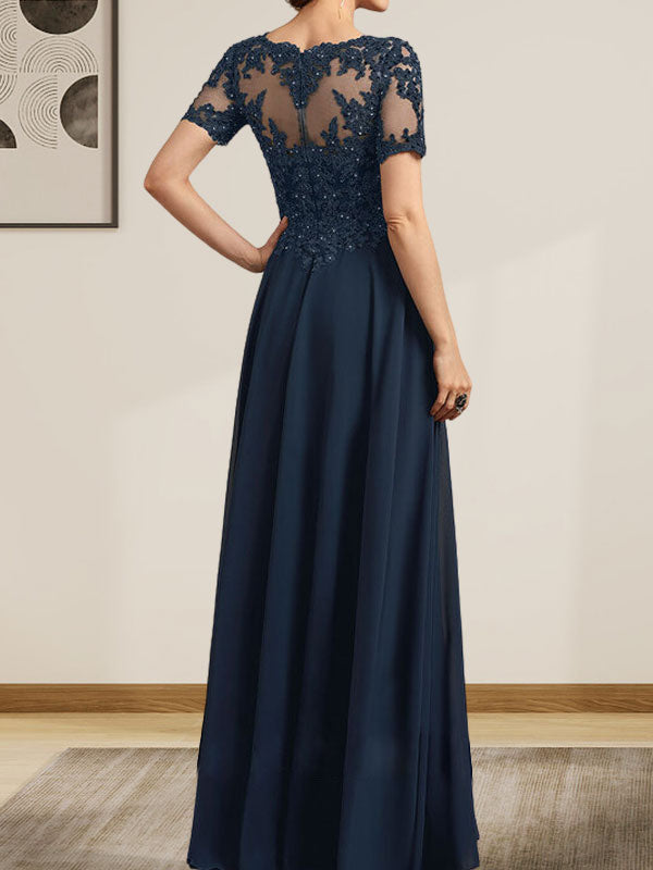 Vestido de gasa con encaje y lentejuelas para madre de la novia, largo hasta el suelo, con escote en A y ilusión