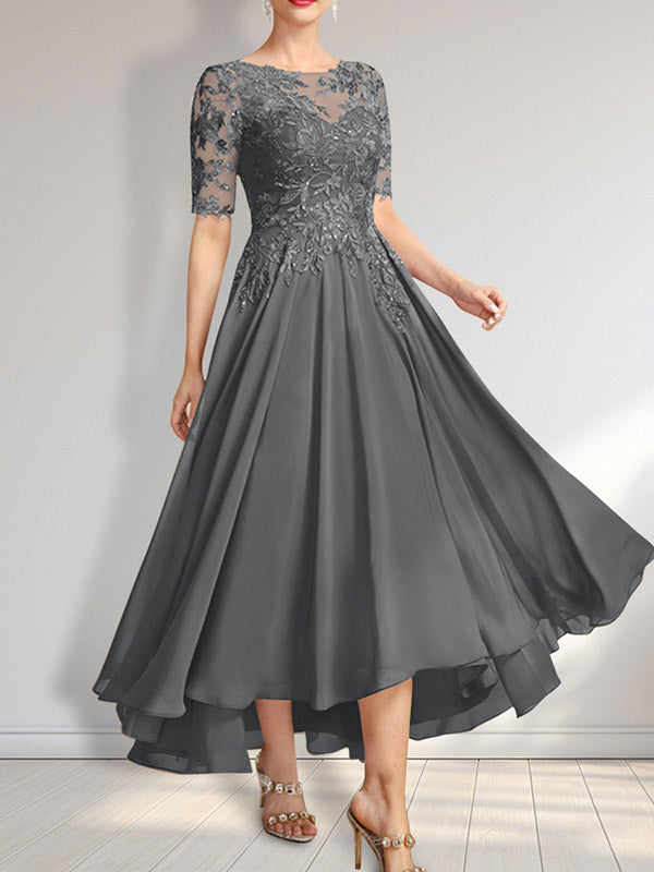 A-Linien-Kleid mit asymmetrischem Chiffon-Spitzenausschnitt und Pailletten für die Mutter der Braut 