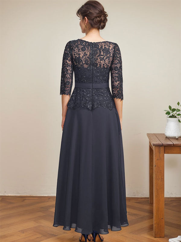 A-Linien-Kleid mit U-Boot-Ausschnitt, Illusion-Detail, knöchellang, aus Chiffon und Spitze mit Strassperlen für die Mutter der Braut. 