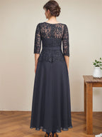 A-Linien-Kleid mit U-Boot-Ausschnitt, Illusion-Detail, knöchellang, aus Chiffon und Spitze mit Strassperlen für die Mutter der Braut. 