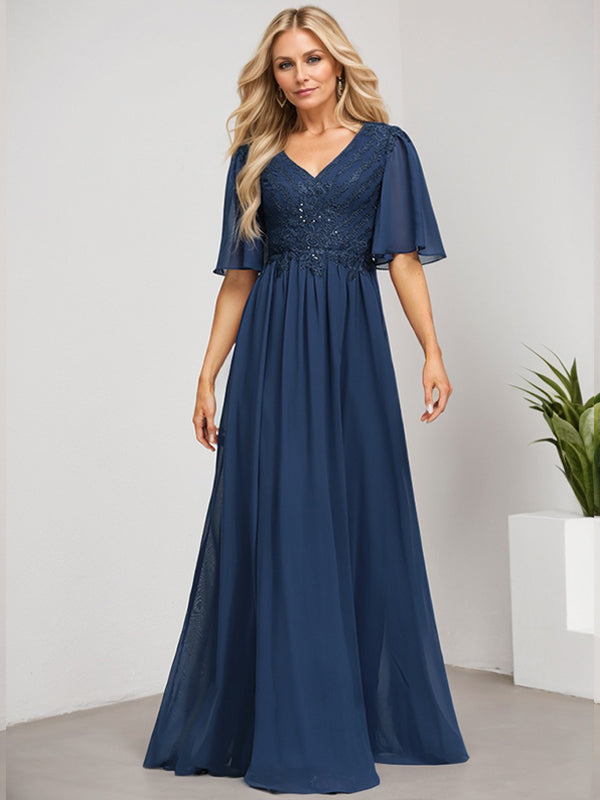 A-Linien-Kleid aus Chiffon mit V-Ausschnitt, bodenlang, mit Pailletten besetzt – ideal für die Mutter der Braut 